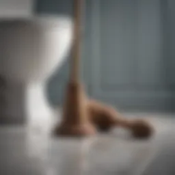 A well-used plunger resting beside a toilet, ready for action