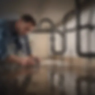 A homeowner inspecting pipes under a sink for potential clogs.