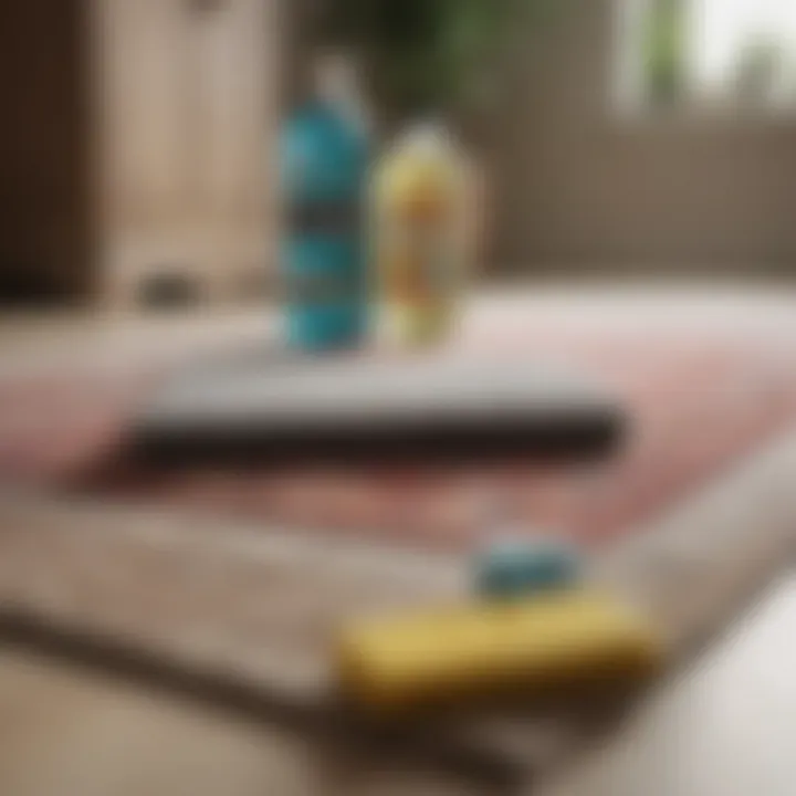 Various cleaning supplies arranged neatly for rug maintenance