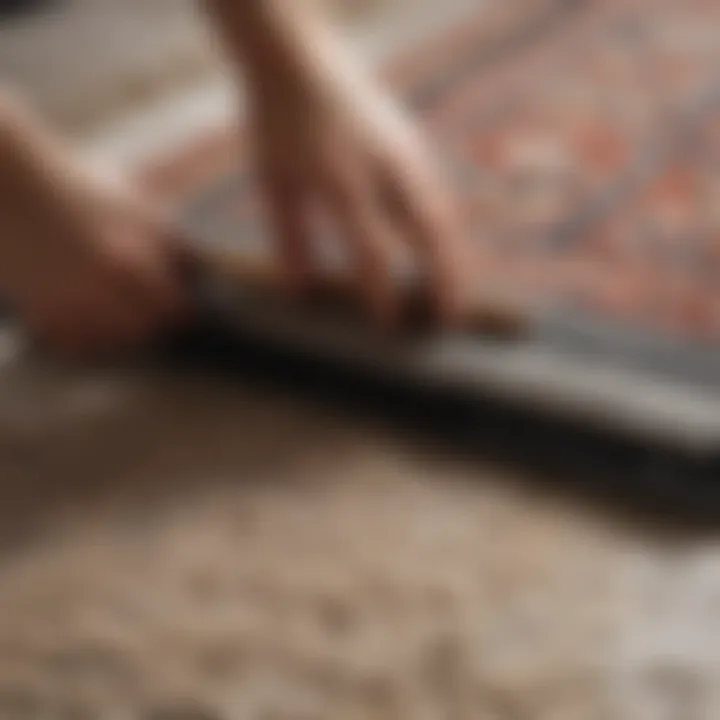Close-up view of a hand gently scrubbing a rug with a brush