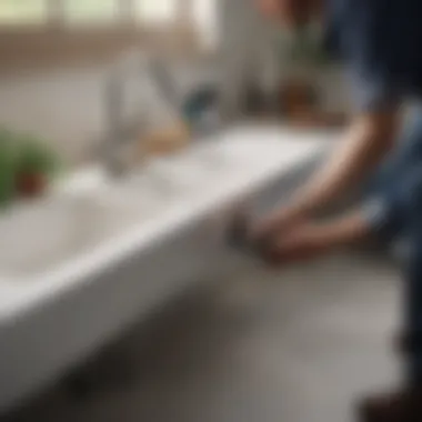 DIY Inspection of Sink Drain Pipes Homeowner inspecting pipes under the sink