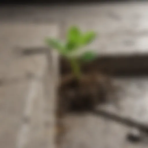 Abstract concept of growth represented by a sprouting plant breaking through concrete