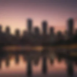 A scenic view of Boston skyline at sunset