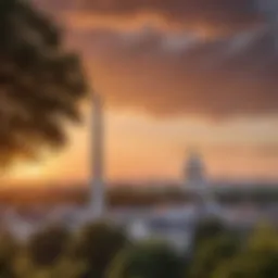 A scenic view of the Washington, D.C. skyline at sunset, showcasing iconic landmarks.