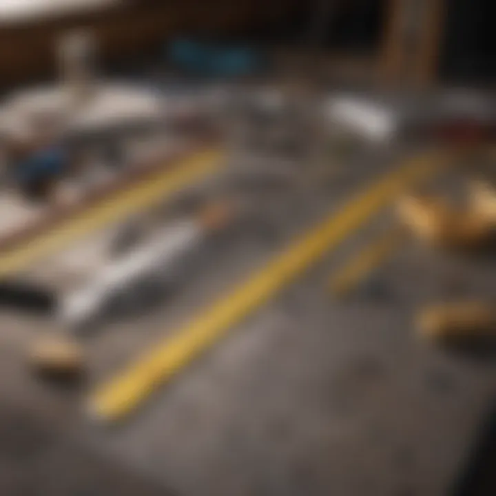 Various tools for measuring room dimensions including a laser measure and yardstick