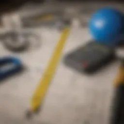 Measuring tape and calculator on a blueprint