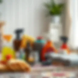 Colorful area rug cleaning supplies arranged on the floor