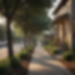 A peaceful residential street with families enjoying the outdoors