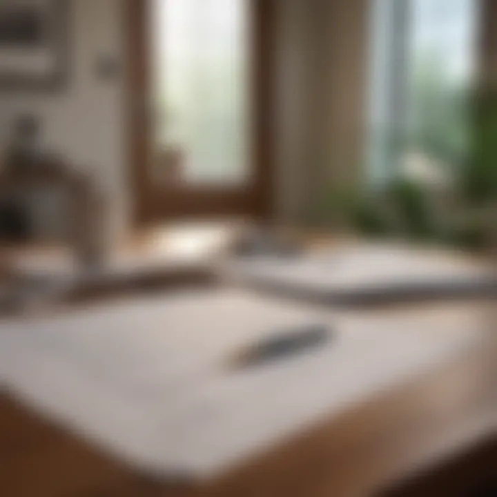 A well-organized table with legal documents and a pen.