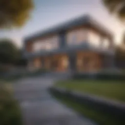 A modern house for sale with a for sale sign in front