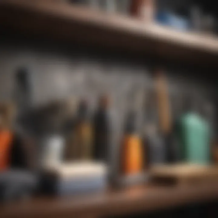 Organized cleaning tools on a shelf