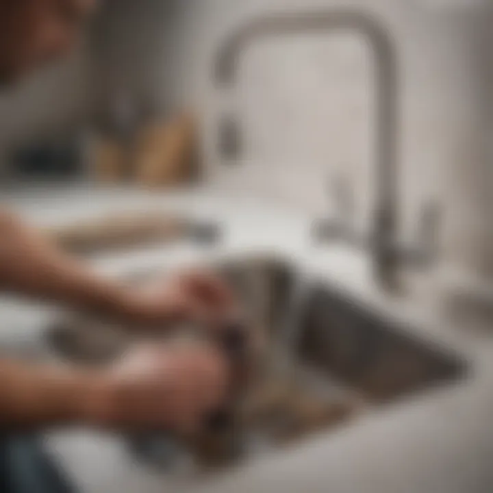 Plumber's hand using snake tool in sink