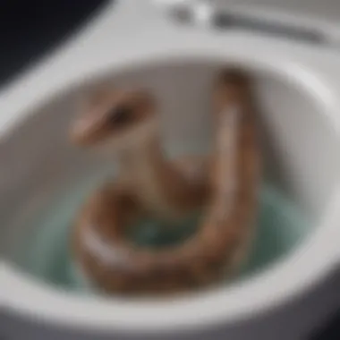 Close-up of a plumber's snake in action inside a toilet bowl