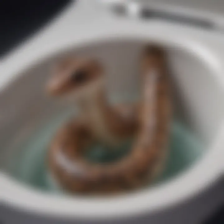 Close-up of a plumber's snake in action inside a toilet bowl