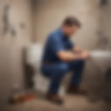 Expert plumber resolving the issue Illustration of professional plumber fixing a toilet
