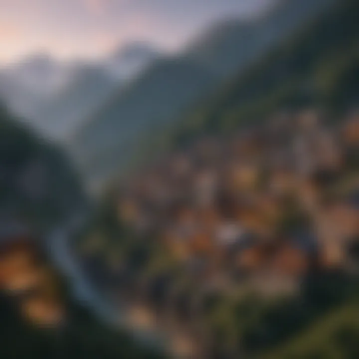 Panoramic view of a quaint village nestled in the mountains