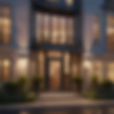 Elegant apartment exterior entrance at twilight