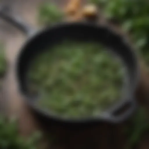 Well-oiled cast iron skillet with aromatic herbs