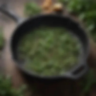Aromatic Herb Infusion for Cast Iron Skillet Seasoning Well-oiled cast iron skillet with aromatic herbs