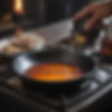 Application of Heat-Resistant Oil on Cast Iron Skillet Heat-resistant oil being applied to cast iron skillet