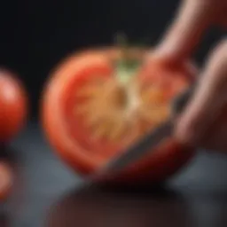 Sharp knife slicing through tomato