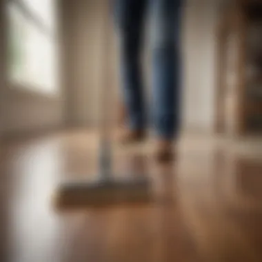 Person using a soft-bristled broom to sweep Pergo laminate flooring