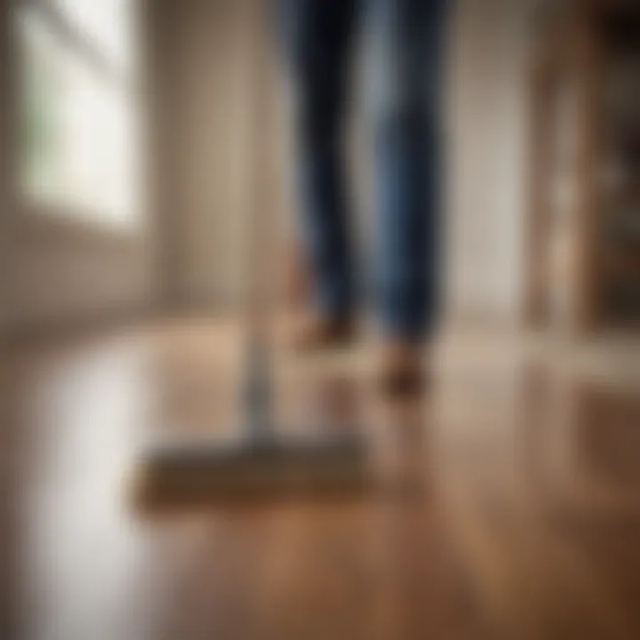 Person using a soft-bristled broom to sweep Pergo laminate flooring