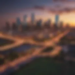 Panoramic view of Dallas skyline at sunset