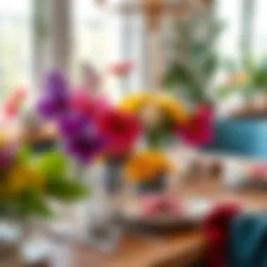 Colorful Table Setting A colorful table setting featuring seasonal flowers and vibrant tableware