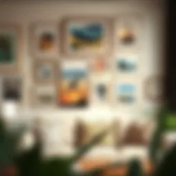 A beautifully arranged gallery wall showcasing diverse art pieces