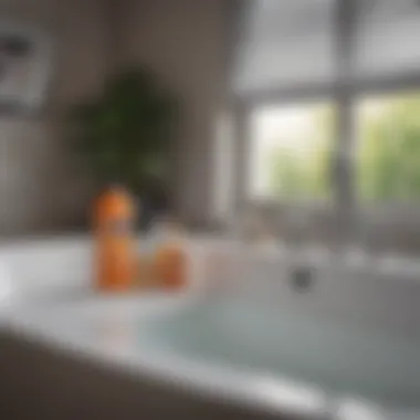 A bathtub filled with warm water and cleaning supplies for blinds