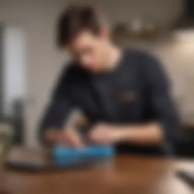 Cleaning with a Microfiber Cloth Person using a microfiber cloth to clean a mobile device