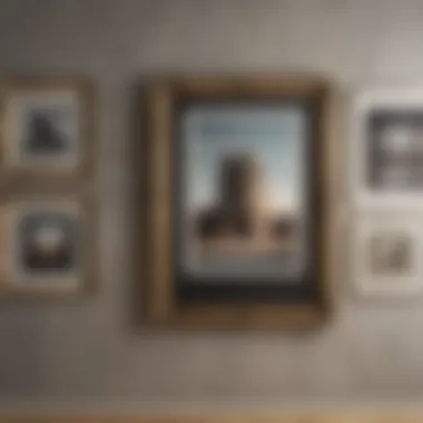 A detailed view of different wall types with frames hung appropriately.