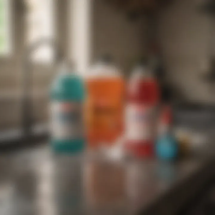 An assortment of drain cleaning chemicals displayed on a countertop.