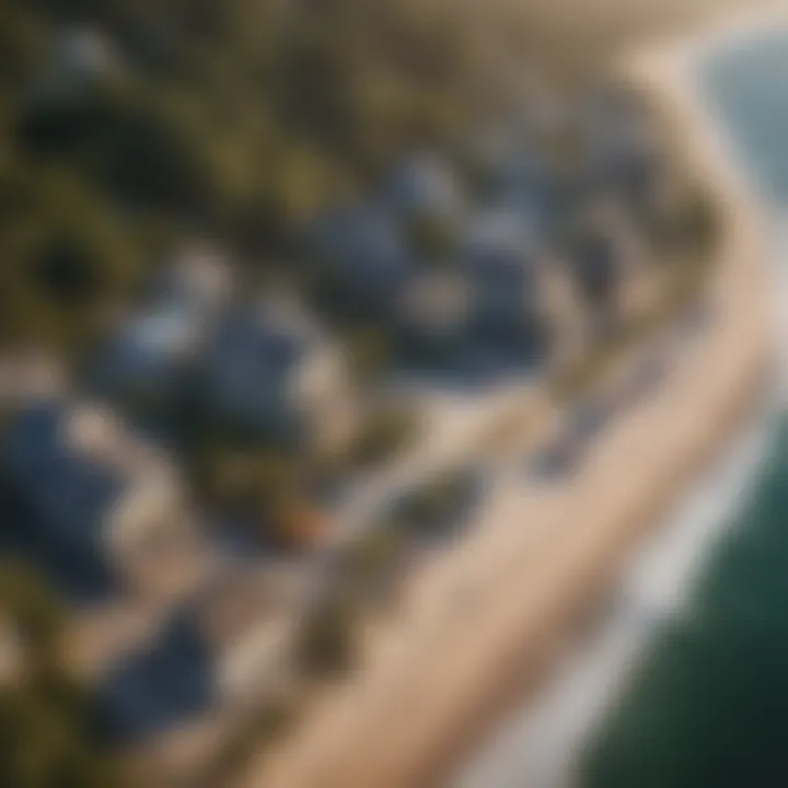 Aerial view of a coastal town with pristine beaches and vibrant waterfront