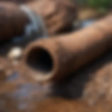 Close-up of corroded pipe causing drainage issues