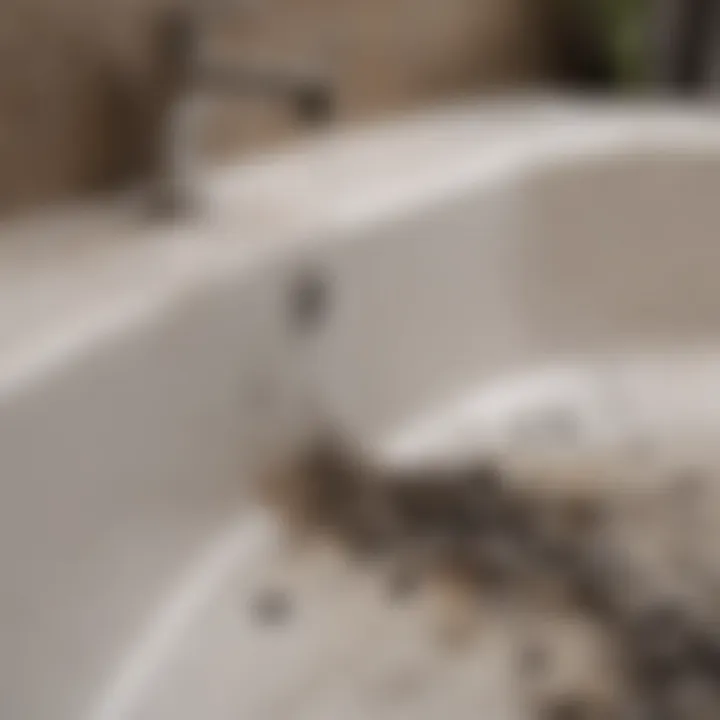 A close-up of debris and grime blocking the bathtub drain