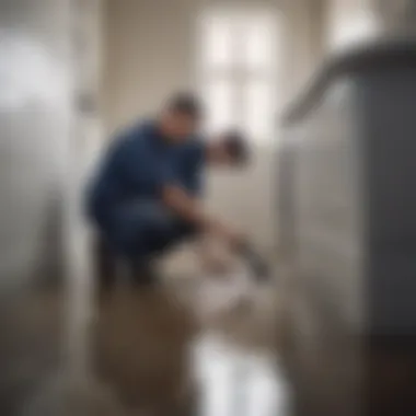 A plumber inspecting the bathtub drainage system with tools