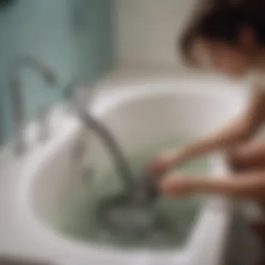 A person using a drain snake to unclog the bathtub drain