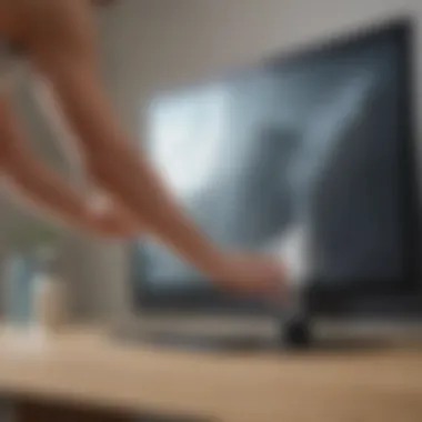 Microfiber cloth being used to wipe Vizio TV screen