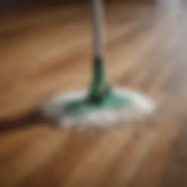 A close-up of a mop spreading vinegar and water on hardwood flooring