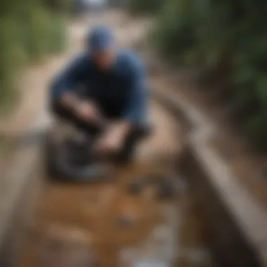 Illustration of a plumber using a drain snake to clear a blockage