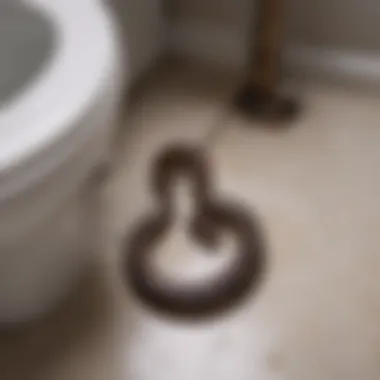 Close-up of toilet drain being cleared with a plumbing snake