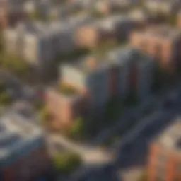 Bird's eye view of a vibrant California cityscape showcasing various apartment buildings