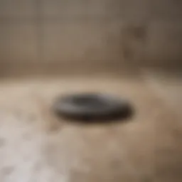 A close-up of a clogged shower drain with visible hair and soap residue
