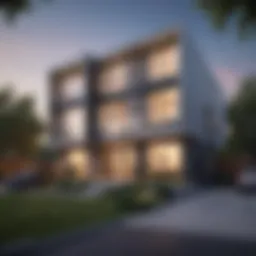 Architectural design of a modern duplex showcasing its symmetrical structure.