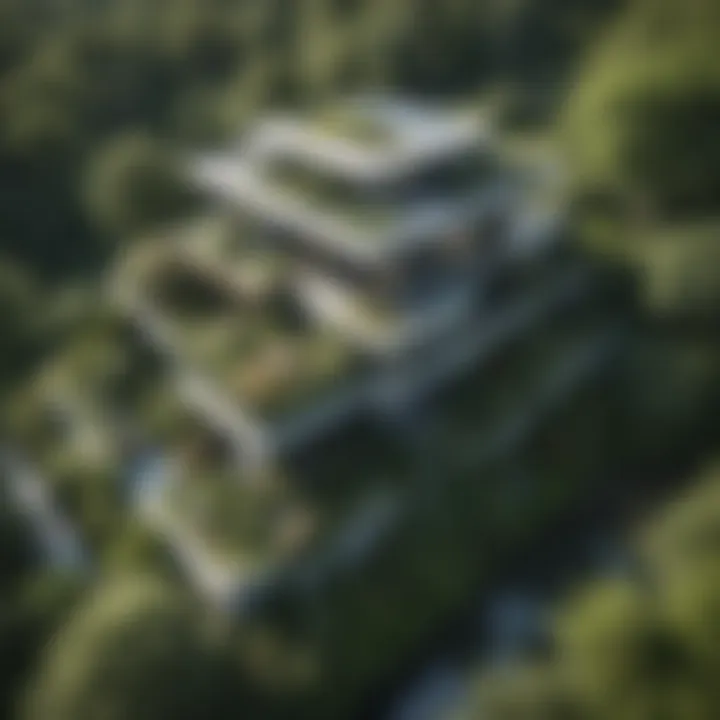 Aerial view of a modern house surrounded by lush greenery