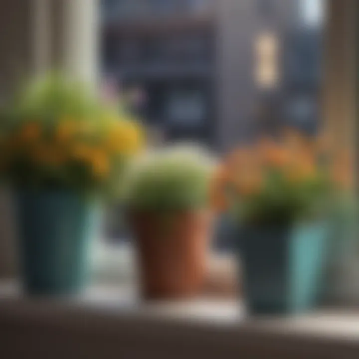 Stylish containers with flowering plants on a windowsill