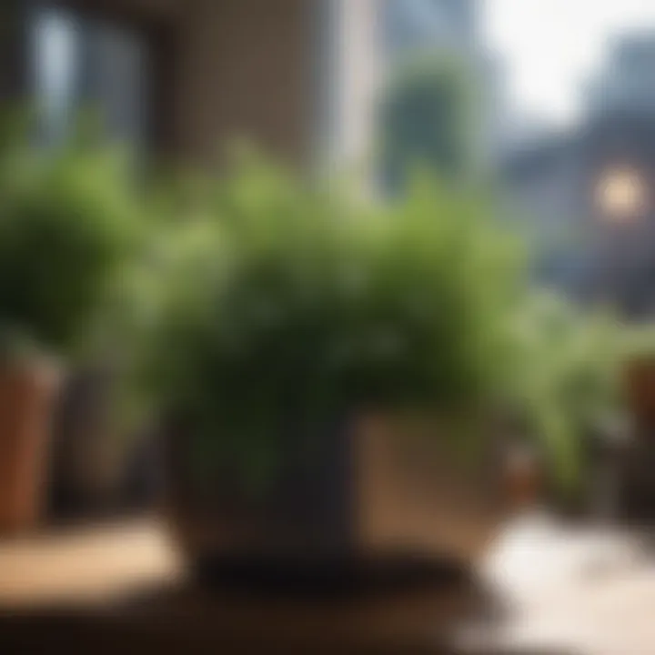 A close-up of lush herbs thriving in containers.