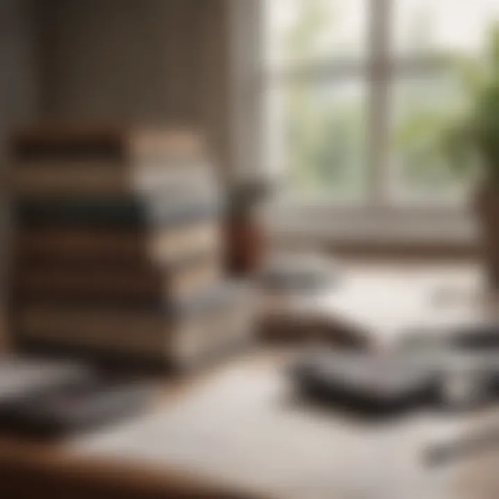 A stack of financial planning books and a calculator on a desk